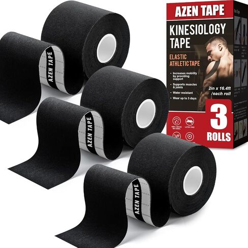 AZEN 3 Rolls Kinesiology Tape, 16.4 ft Waterproof Kinetic Tape for Joints Support and Muscle Pain Relief, Uncut Muscle Tape, Knee Tape, Athletic Tape - Black in Saudi Arabia