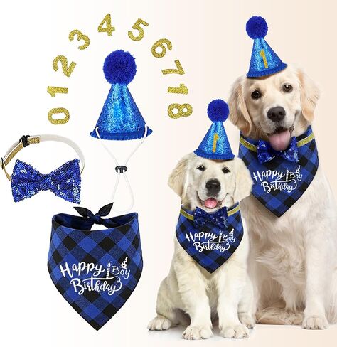 Dog Birthday Bandana Set Dog Boy Birthday Hat Happy Birthday with Numbers for Large X-Large Dogs Pets, Blue Dog Birthday Decorations with Bow (Blue, XL) in Saudi Arabia