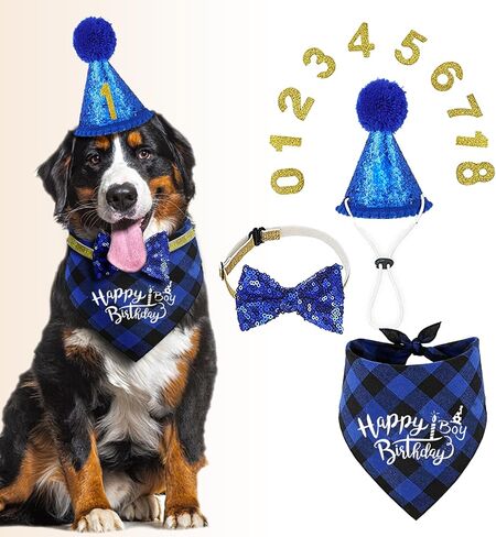 Dog Birthday Bandana Set Dog Boy Birthday Hat Happy Birthday with Numbers for Large X-Large Dogs Pets, Blue Dog Birthday Decorations with Bow (Blue, XL) in Saudi Arabia