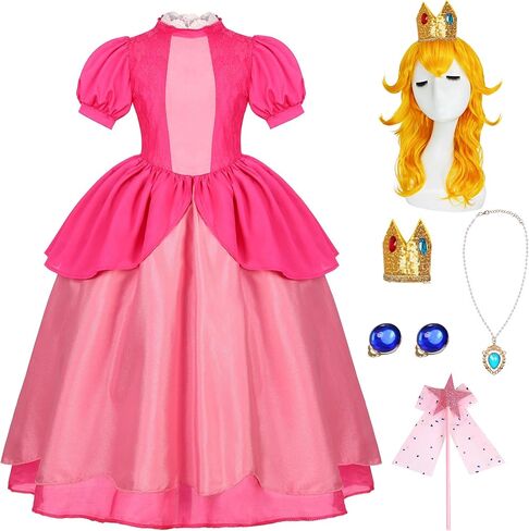 فستان زي الأميرة الخوخ للفتيات من Miulruma للأطفال مع ملحقات الشعر المستعار أزياء الهالوين أزياء سوبر بروس التنكرية باللون الوردي in Kuwait