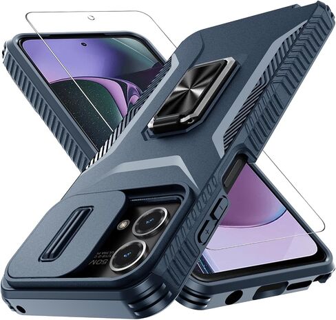 متوافق مع حافظة Moto G Stylus 5G 2023، مع غطاء كاميرا منزلق + واقي شاشة + مسند مغناطيسي دوار، غطاء هاتف واقٍ قوي هجين وشديد التحمل مقاوم للصدمات، أسود in Saudi Arabia
