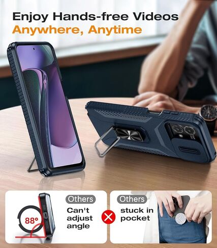 متوافق مع حافظة Moto G Stylus 5G 2023، مع غطاء كاميرا منزلق + واقي شاشة + مسند مغناطيسي دوار، غطاء هاتف واقٍ قوي هجين وشديد التحمل مقاوم للصدمات، أسود in Saudi Arabia