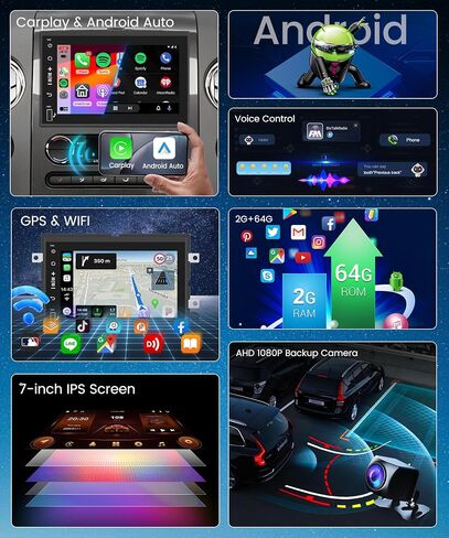 2G 64G Radio for Ford F150 F250 F350 E250 E350 Fusion Edge Explorer Expedition Car Stereo with Wireless Carplay Android Auto 7inch IPS Touchscreen/1280P Backup Camera/WiFi/FM RDS/HiFi/GPS/Bluetooth in Saudi Arabia