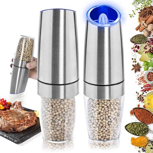Gravity Electric Salt and Pepper Grinder Set, 2 Pack Automatic Salt and Pepper Grinder Set With LED Light & Adjustable Coarseness, One Hand Operation Mill Grinder Battery-Operated, Gift Idea, Black in Saudi Arabia