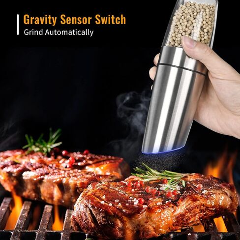Gravity Electric Salt and Pepper Grinder Set, 2 Pack Automatic Salt and Pepper Grinder Set With LED Light & Adjustable Coarseness, One Hand Operation Mill Grinder Battery-Operated, Gift Idea, Black in Saudi Arabia