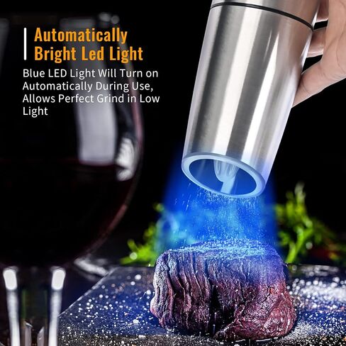 Gravity Electric Salt and Pepper Grinder Set, 2 Pack Automatic Salt and Pepper Grinder Set With LED Light & Adjustable Coarseness, One Hand Operation Mill Grinder Battery-Operated, Gift Idea, Black in Saudi Arabia