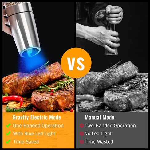Gravity Electric Salt and Pepper Grinder Set, 2 Pack Automatic Salt and Pepper Grinder Set With LED Light & Adjustable Coarseness, One Hand Operation Mill Grinder Battery-Operated, Gift Idea, Black in Saudi Arabia