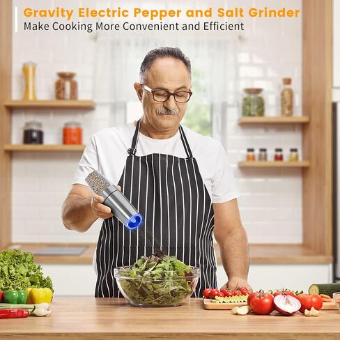 Gravity Electric Salt and Pepper Grinder Set, 2 Pack Automatic Salt and Pepper Grinder Set With LED Light & Adjustable Coarseness, One Hand Operation Mill Grinder Battery-Operated, Gift Idea, Black in Saudi Arabia
