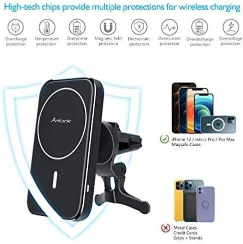 Antank Magnetic Wireless Car Charger Mount Compatible with iPhone 14 Plus, 14 Promax, 13 Promax, 12/12 Pro Max/12 Mini, Fast Charge Auto-Alignment Car Charger Holder with 3 Transparent Case in Kuwait