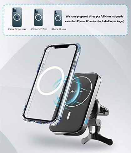Antank Magnetic Wireless Car Charger Mount Compatible with iPhone 14 Plus, 14 Promax, 13 Promax, 12/12 Pro Max/12 Mini, Fast Charge Auto-Alignment Car Charger Holder with 3 Transparent Case in Kuwait