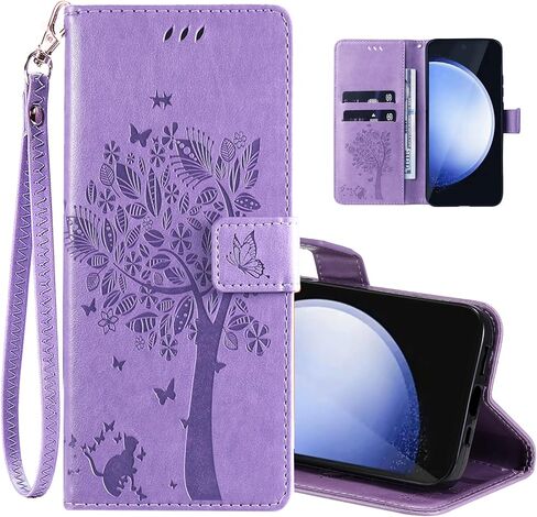 for Samsung Galaxy S24 FE Case Wallet for Women Man,PU Leather Tree Cat Flowers Embossed Wrist Strap Card Slots Pocket Kickstand Flip Protective Phone Case Cover for Samsung Galaxy S24 FE Blue in Saudi Arabia
