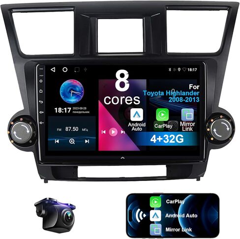 ستيريو سيارة لسيارة Toyota Highlander 2008-2013 8 Core 4+32G مع مقبض تحكم Android 12 مع CarPlay اللاسلكي Android Auto، مشغل راديو السيارة IPS 10.1 بوصة مع كاميرا احتياطية، AM/FM/RDS، AUX، Hi-Fi، SWC in Kuwait
