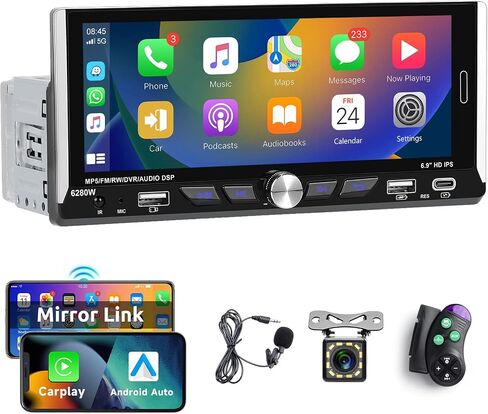 Car Stereo Single Din Wireless Carplay & Android Auto, Hodozzy 7 inch Touch Screen Car Radio 1 Din with Bluetooth,GPS,Mirror Link,EQ FM SWC, Support USB/AUX/Type-C Charging with Backup Camera in Saudi Arabia