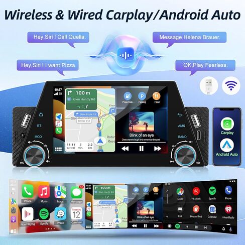 راديو 1 Din مع نظام تشغيل لاسلكي وAndroid Auto - شاشة ستيريو عالية الدقة 5 بوصة تعمل باللمس مع وصلة مرآة/راديو FM/تحكم في عجلة القيادة + 12 كاميرا رؤية خلفية LED in Saudi Arabia