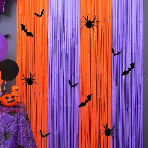Mega-L Halloween Party Decorations, 4 Pack Orange Purple Black Green Photo Booth Props, 13.2 x 6.6 ft Halloween Tinsel Foil Fringe Curtains with Bats, Photo Backdrop Streamers Halloween Party Supplies in Saudi Arabia