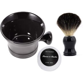 Ceramic Shaving Soap Bowl Kit For Men, Pure Badger Shaving Brush, Shaving Cream Soap, Wide Mouth, Ceramic Black Shaving Soap Bowl/Mug with Knob Handle