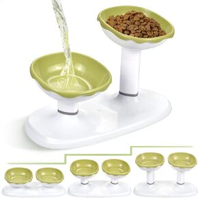Elevated Cat Bowls, Adjustable Heights Raised 15°Tilted Cat Stand, Cat Bowls for Indoor Cats, Double Cat Food and Water Bowls Set for Cats and Puppy (Green)