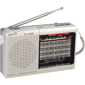 Supersonic SC-1080BT 9-Band Radio with Bluetooth, Portable Small Multi Band Radio Stereo, USB and Micro SD Input, Torch Light, and Rechargeable Battery