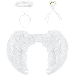 FLMRIOY White Angel Wings with Halo and Fairy Wand for Kids Feather Wing Angel Costume for Cosplay Halloween Christmas Eve Xmas Gift