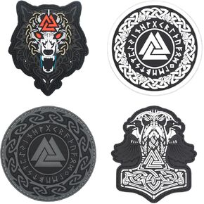 Military Morale Patches - Norse Viking Set of 4 Pieces: Wolf, Thor Hammer Mjolnir, Odin Valknut Symbol Celtic Art, PVC Rubber Tactical Emblem with Hook and Loop Fastener Backing