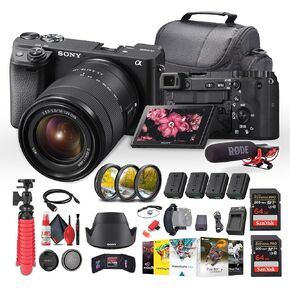 Sony a6400 Mirrorless Camera with 18-135mm Lens with Real-Time Eye Auto Focus, 4K Video (ILCE-6400M/B) + VideoMic + 2 x 64GB Memory Card + 3 x NP-FW50 Battery + Photography Software + More (Renewed)