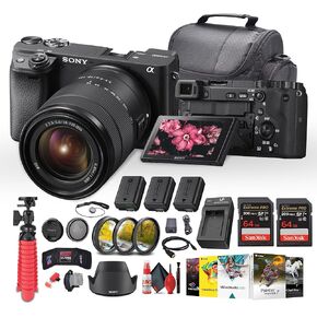 Sony a6400 Mirrorless Camera with 18-135mm Lens with Real-Time Eye Auto Focus, 4K Video (ILCE-6400M/B) + 2 x 64GB Card + 2 x NP-FW50 Battery + Photography Software + Filter Kit + More (Renewed)