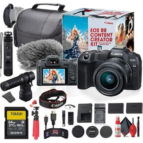 Canon EOS R8 Mirrorless Camera Content Creator Kit with RF 24-50mm f/4.5-6.3 is STM Lens (5803C037) + 64GB Tough Memory Card + LPE17 Battery + Charger + Case + Flexible Tripod + More (Renewed)