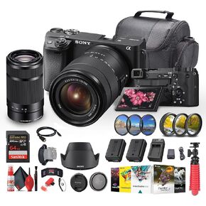 Sony a6400 Mirrorless Camera with 18-135mm Lens with Real-Time Eye Auto Focus, 4K Video (ILCE-6400M/B) E 55-210mm f/4.5-6.3 OSS Lens + 64GB Memory Card + NP-FW50 Battery + More (Renewed)