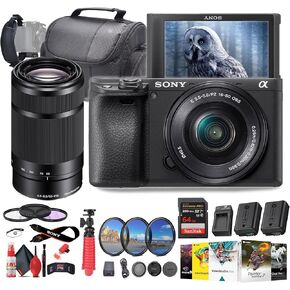 Sony a6400 Mirrorless Camera with 16-50mm Lens with Real-Time Eye Auto Focus, 4K Video (ILCE-6400L/B) E 55-210mm f/4.5-6.3 OSS Lens + 64GB Memory Card + NP-FW50 Battery + More (Renewed)