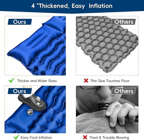 Double Sleeping Pad for Camping, Self Inflating 4" Extra-Thick Camping Mattress Pad 2 Person with Pillow, Built-in Foot Pump, Ultralight Camping Bed Mat for Backpacking Hiking Traveling Tent in Saudi Arabia