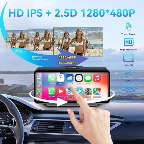 شاشة Carplay محمولة لاسلكية مع ستيريو السيارة - متوافقة مع Apple CarPlay وAndroid Auto، 7 بوصة HD، مكبرات صوت مزدوجة، التحكم الصوتي، نظام تحديد المواقع العالمي (GPS)، صوت بلوتوث، شاشة تعمل باللمس، وصلة مرآة، AUX/FM in Saudi Arabia