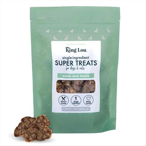 King Lou Pets - قلوب البط الكاملة للكلاب والقطط - قلوب البط المجففة بالتجميد المصنوعة في الولايات المتحدة الأمريكية - التورين والزنك والحديد - تحتوي على 30-50 قلبًا كاملاً in Kuwait