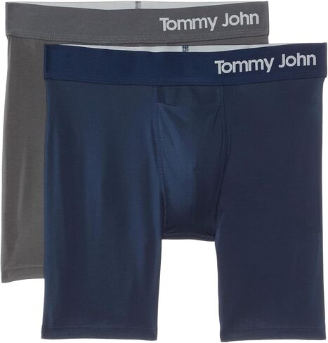 سروال بوكسر رجالي من Tommy John مقاس 8 بوصات - عبوتان - ملابس داخلية - بوكسر أساسي من القطن مع حقيبة محيطية داعمة - نسيج مطاطي مسامي بشكل طبيعي (أبيض/أسود، X-Large) in Kuwait