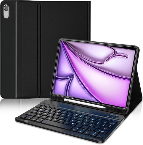 Keyboard Case for iPad Air 11 Inch M2 2024 Model:A2899, A2900, Compatible iPad Air 6th Generation Cover with Wireless Bluetooth Keyboard Built-in Pencil Holder for Kids - Black in Kuwait