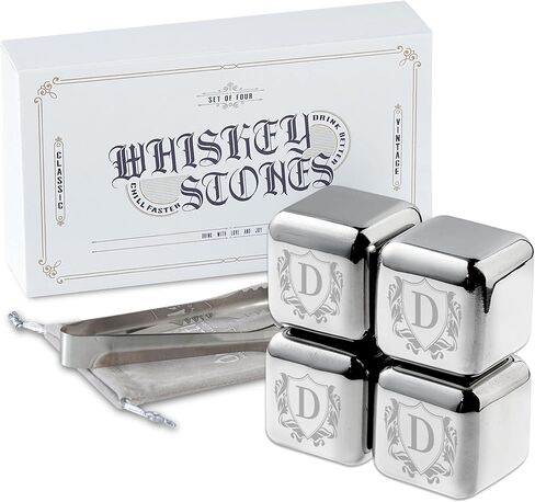 Whiskey Stones Gifts Set with Initial for Men & Women, 4pcs Stainless Steel Whiskey Rocks with Pouch and Tong, Chilling Ice Cubes Initial Gifts for Whiskey Lovers, Dad, Mom, Grandpa, Uncle - J in Kuwait
