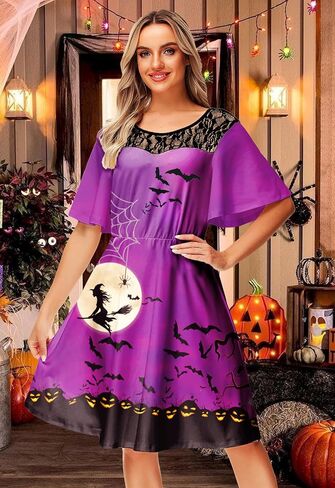 AOBUTE Women Halloween Dress Lace Flutter Sleeve A-Line Party Dresses in Kuwait