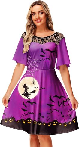 AOBUTE Women Halloween Dress Lace Flutter Sleeve A-Line Party Dresses in Kuwait