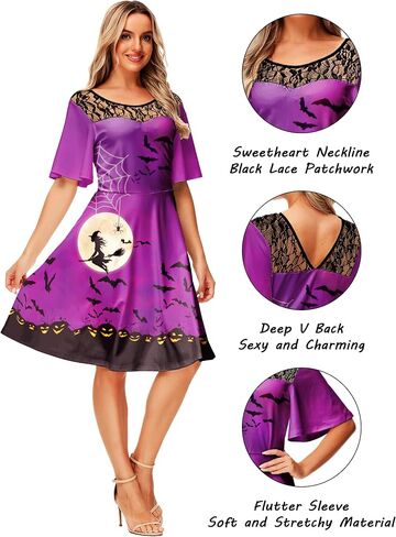 AOBUTE Women Halloween Dress Lace Flutter Sleeve A-Line Party Dresses in Kuwait