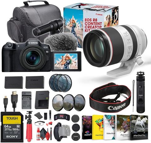 مجموعة أدوات إنشاء محتوى كاميرا Canon EOS R8 بدون مرآة مع RF مقاس 24-50 مم f/4.5-6.3 هي عدسة STM (5803C037) RF 70-200 مم f/2.8 L هي عدسة USM + بطاقة ذاكرة سعة 64 جيجابايت + برنامج تصوير فوتوغرافي + المزيد (متجدد) in Saudi Arabia