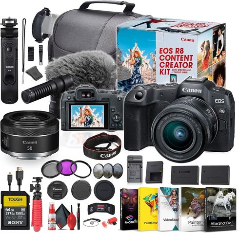 Canon EOS R8 Mirrorless Camera Content Creator Kit with RF 24-50mm f/4.5-6.3 is STM Lens (5803C037) RF 50mm f/1.8 STM Lens RF (4515C002) + 64GB Tough Memory Card + More (Renewed) in Saudi Arabia