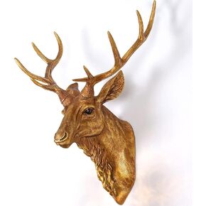 workersun Deer Head Wall Mount Decor 14.5 inches Faux Deer Head Sculpture for Bar Background Wall Mount Home Living Room Animal Head Wall Art Christmas Decoration Resin Antler Decor (Gold+Lamp)