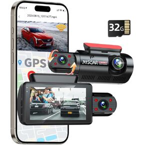 WiFi 2K Dual Dash Cam with GPS, 2K+1080P Front and Inside Car Camera, Free 32G Card, Dash Camera for Cars with Super Night Vision, 3" IPS Screen, 24H Parking Mode, G-Sensor, Loop Recording