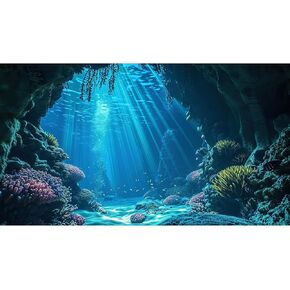 Aquarium Background Underwater Grotto with Carals and Soft Corals Terrarium Backdrop Sunlight Rays Deep Sea Fish Tank Background Aquarium Wallpaper Poster Decor Vinyl 48x20in