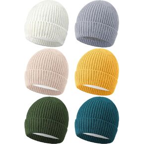 Suhine 6 Pcs Winter Fleece Beanies Hats Bulk Soft Warm Knitted Cuffed Beanie Lined Knit Hat for Cold Weather Women Men
