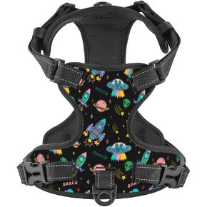 No Pull Dog Harness for Medium Dogs Easy Walk Dog Vest Adjustable Collars Harnesses & Leashes Set Breathable Oxford Outdoor Walking Safety Reflective Strip Cartoon Colorful Space UFO Prints