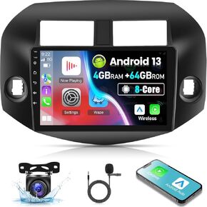 [4G+64G] 8 Core Car Radio for Toyota RAV4 2007 2008 2009 2010 2011 2012 - Android 13 Touch Screen RAV4 Stereo, DSP 32 EQ/IPS/Carplay/Android Auto/SWC/BT/WiFi + AHD Backup Camera