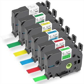 6 Pack Compatible with P-Touch Label Tape Label Maker Tape 12mm 0.47 inch Tze Tape Black on White/Fluorescent Green/Red/Blue/Yellow/Green Replacement for Brother P-Touch Label Maker PT-H110 D600 D210
