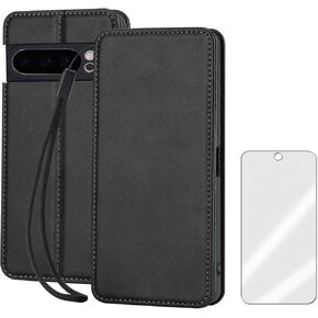 for Google Pixel 9 Pro XL Leather Case Stand Fuction Wallet Bag with Card Slots Protective （with Hand Strap and Tempered Screen Protector Black