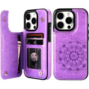 Vaburs Compatible with iPhone 16 Pro Case Wallet with Card Holder, Embossed Mandala Pattern Flower PU Leather Double Buttons Flip Shockproof Cover for Magnetic Car Mount 6.3 Inch (Dark Green)
