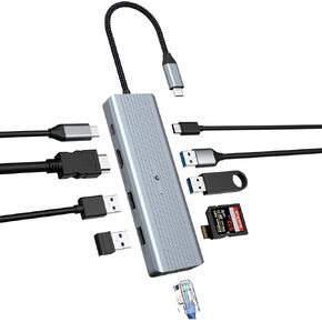 Tymyp10 in 1 USB C Hub for Mac Pro/Air, 4K HDMI, LAN RJ45, USB C 3.0, 2 USB A 3.0, 100W PD, 2 USB 2.0, SD/TF, Windows Surface Pro 7